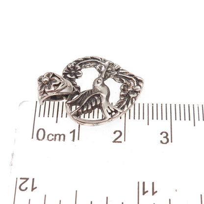 925 Sterling Silver Vintage Hummingbird Heart Oxidized Charm Pendant