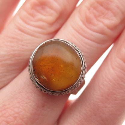 925 Sterling Silver Vintage Real Amber Modernist Oxidized Ring Size 6.5