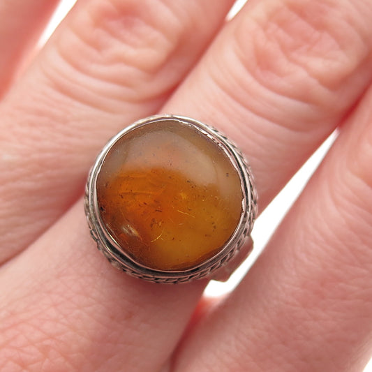 925 Sterling Silver Vintage Real Amber Modernist Oxidized Ring Size 6.5