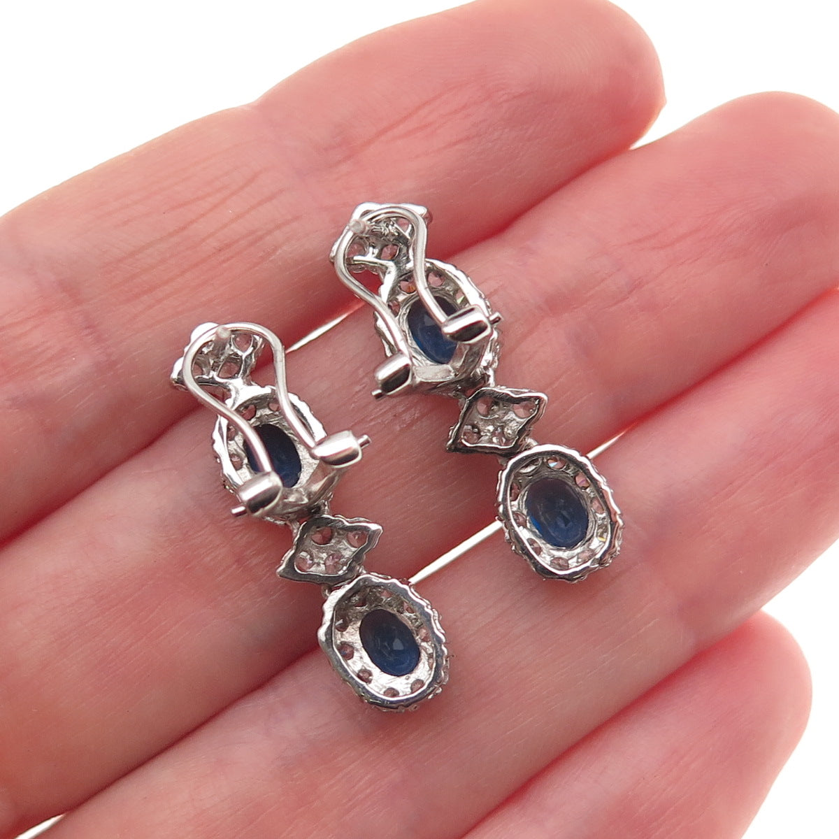 925 Sterling Silver Blue & White C Z Bohemian Omega Back Earrings