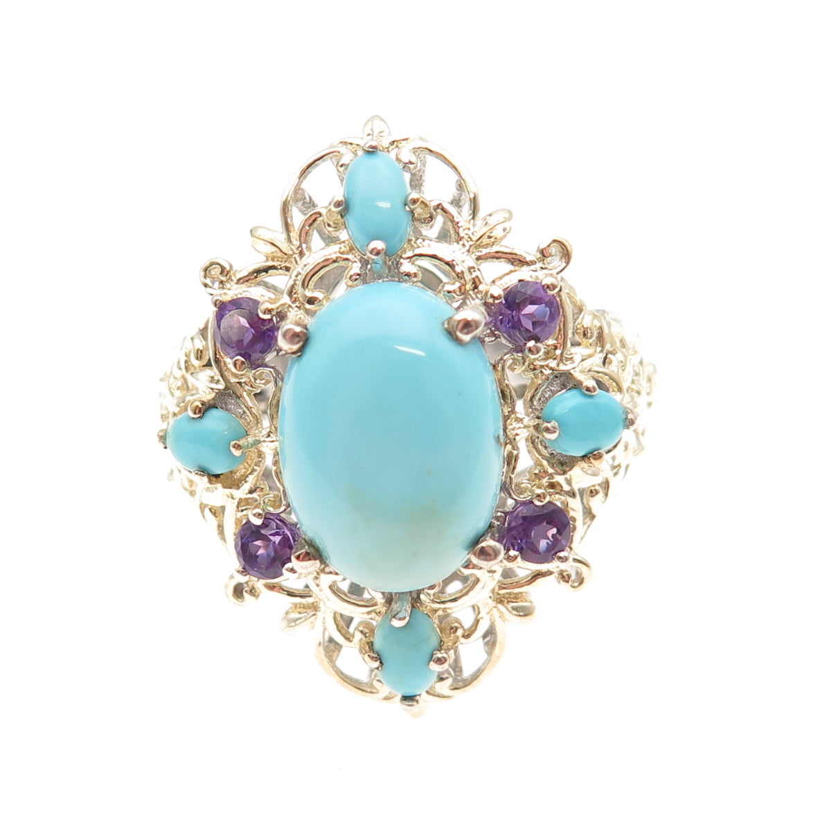 Chuck Clemency 925 Sterling Silver 2-Tone Real Turquoise Amethyst Ring Size 8.25