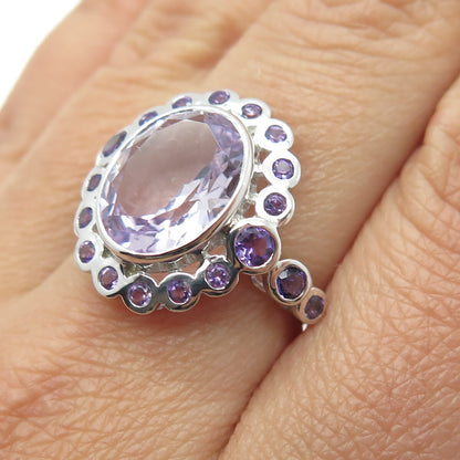 DSMK 925 Sterling Silver Oval & Round-Cut Amethyst Gemstone Ring Size 7.25