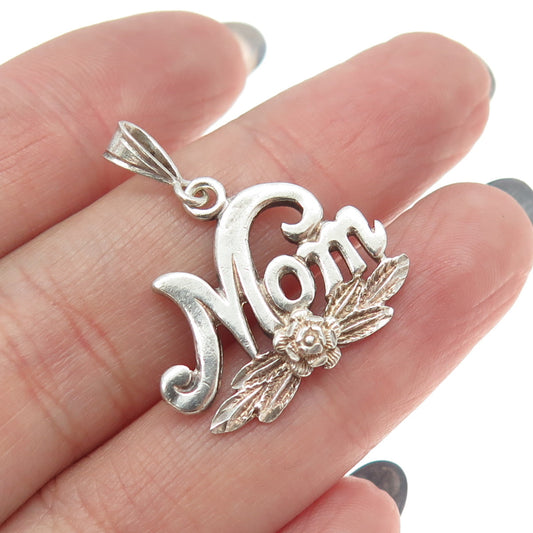 925 Sterling Silver Vintage "MOM" Rose Floral Charm Pendant