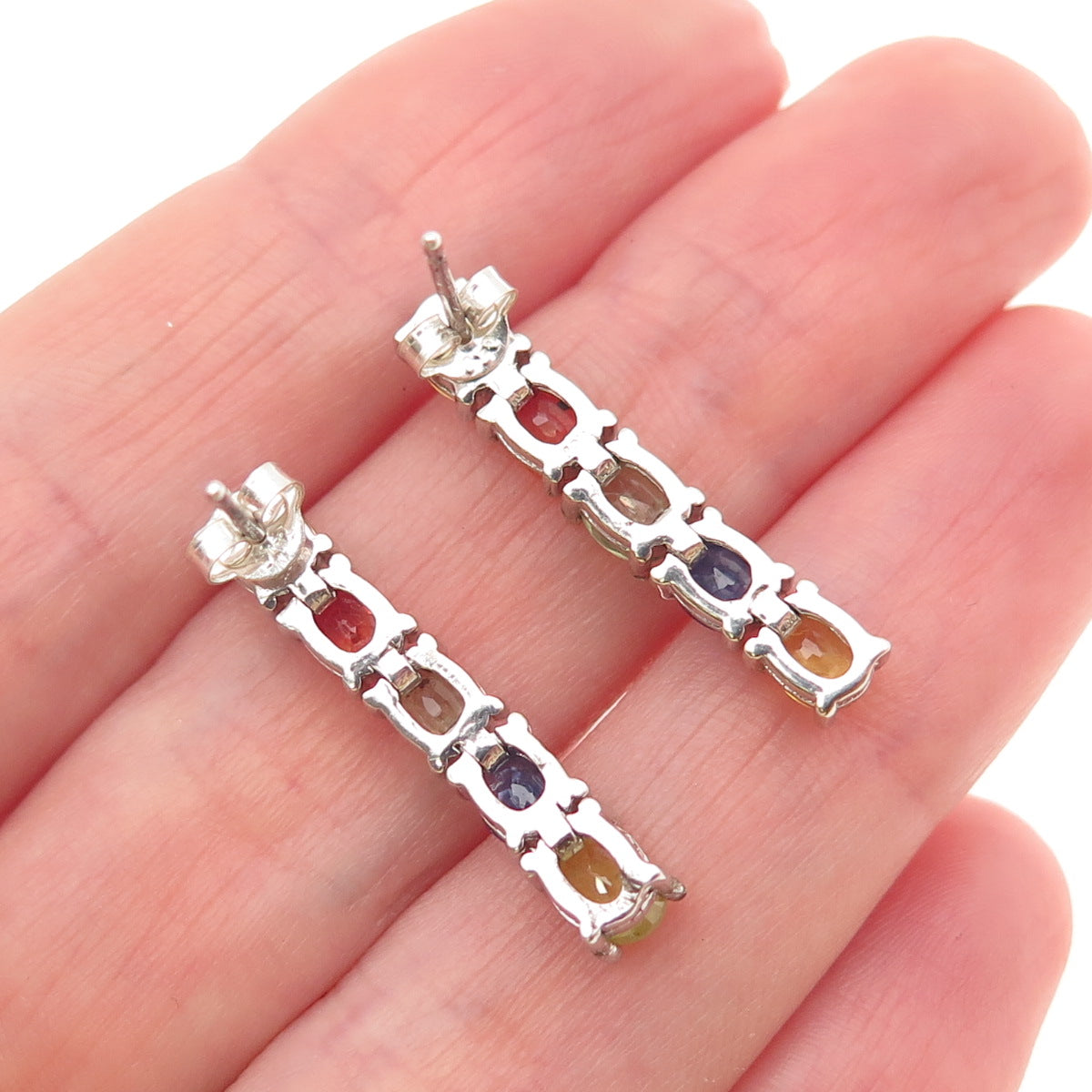 925 Sterling Silver Real Oval-Cut Multi-Color Sapphire Bar Earrings
