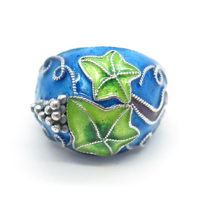 925 Sterling Silver Antique Chinese Enamel Grape Vine Adjustable Ring Size 6
