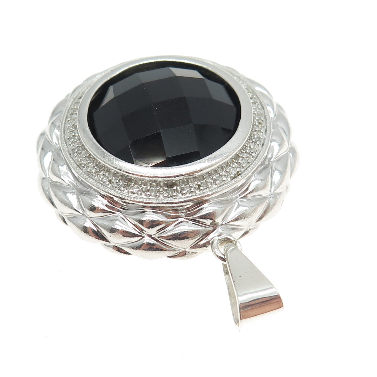 925 Sterling Silver Real Round-Cut Diamond & Black Onyx Round Pendant