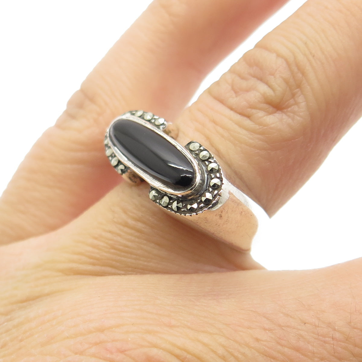 925 Sterling Silver Real Black Onyx & Marcasite Gem Art-Deco-Style Ring Size 6