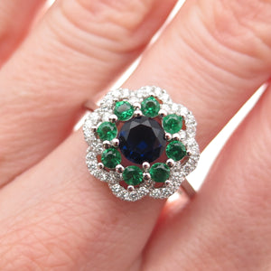 925 Sterling Silver Round-Cut Blue Green & White C Z Floral Ring Size 7.75
