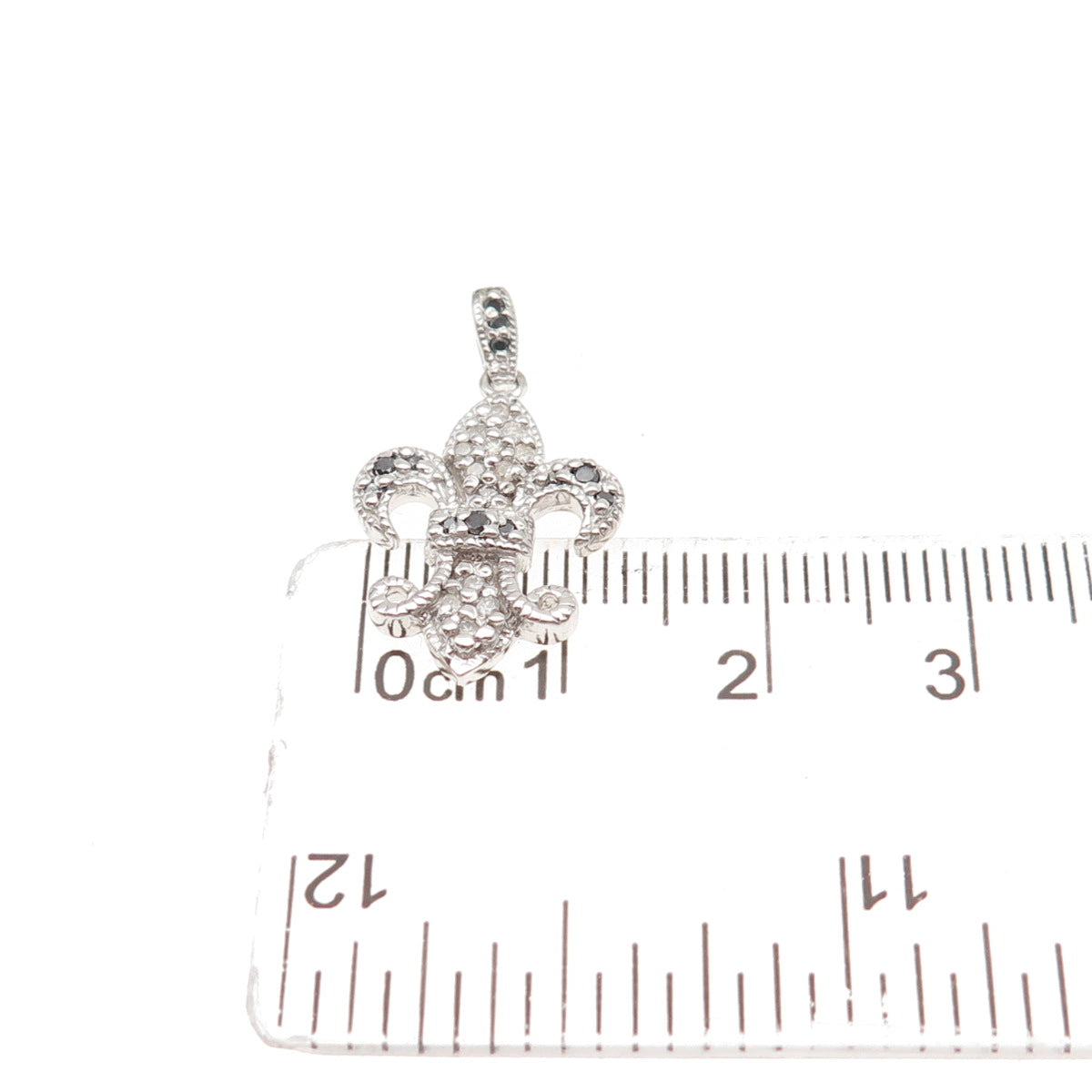 925 Sterling Silver Real Round-Cut Black & White Diamond Fleur de Lis Pendant