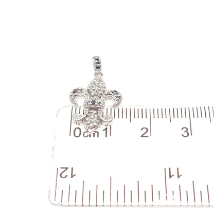 925 Sterling Silver Real Round-Cut Black & White Diamond Fleur de Lis Pendant