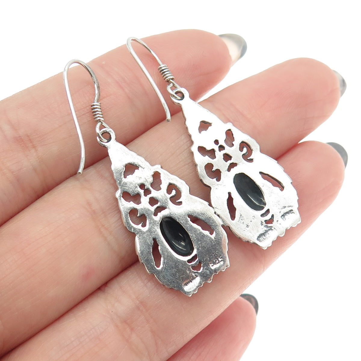 925 Sterling Silver Vintage Real Black Onyx Dangling Earrings