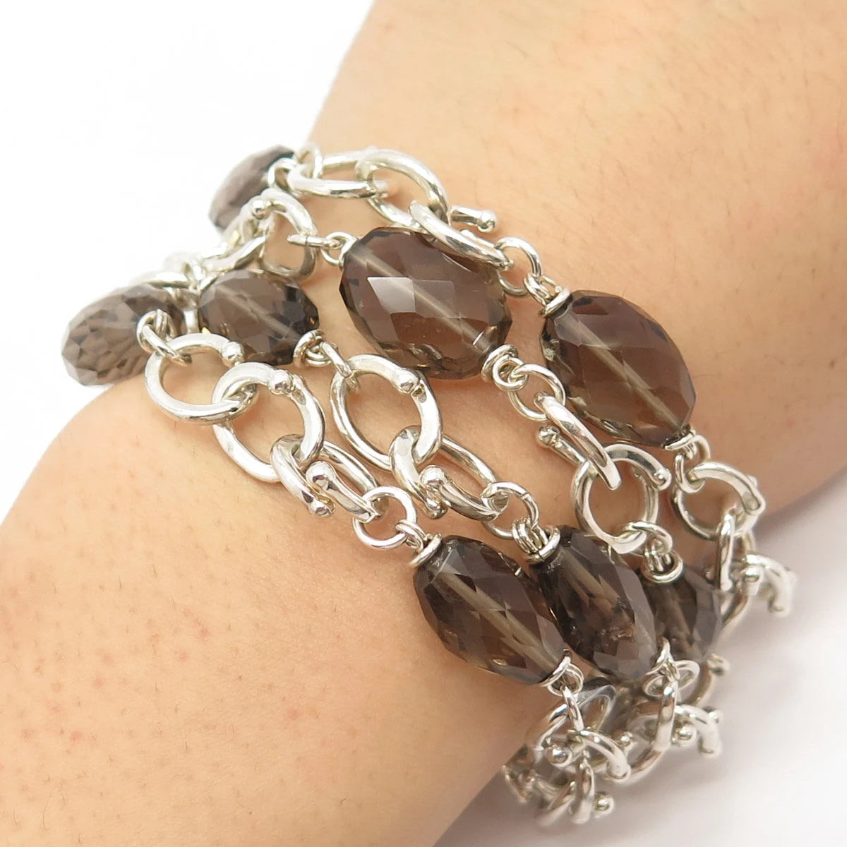 925 Sterling Silver Vintage M. Dawkins Smoky Quartz Oval Link Bracelet 6 3/4"