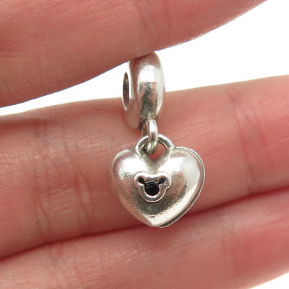 PANDORA 925 Sterling Silver Enamel & Black C Z Mickey & Minnie Mouse Heart Charm
