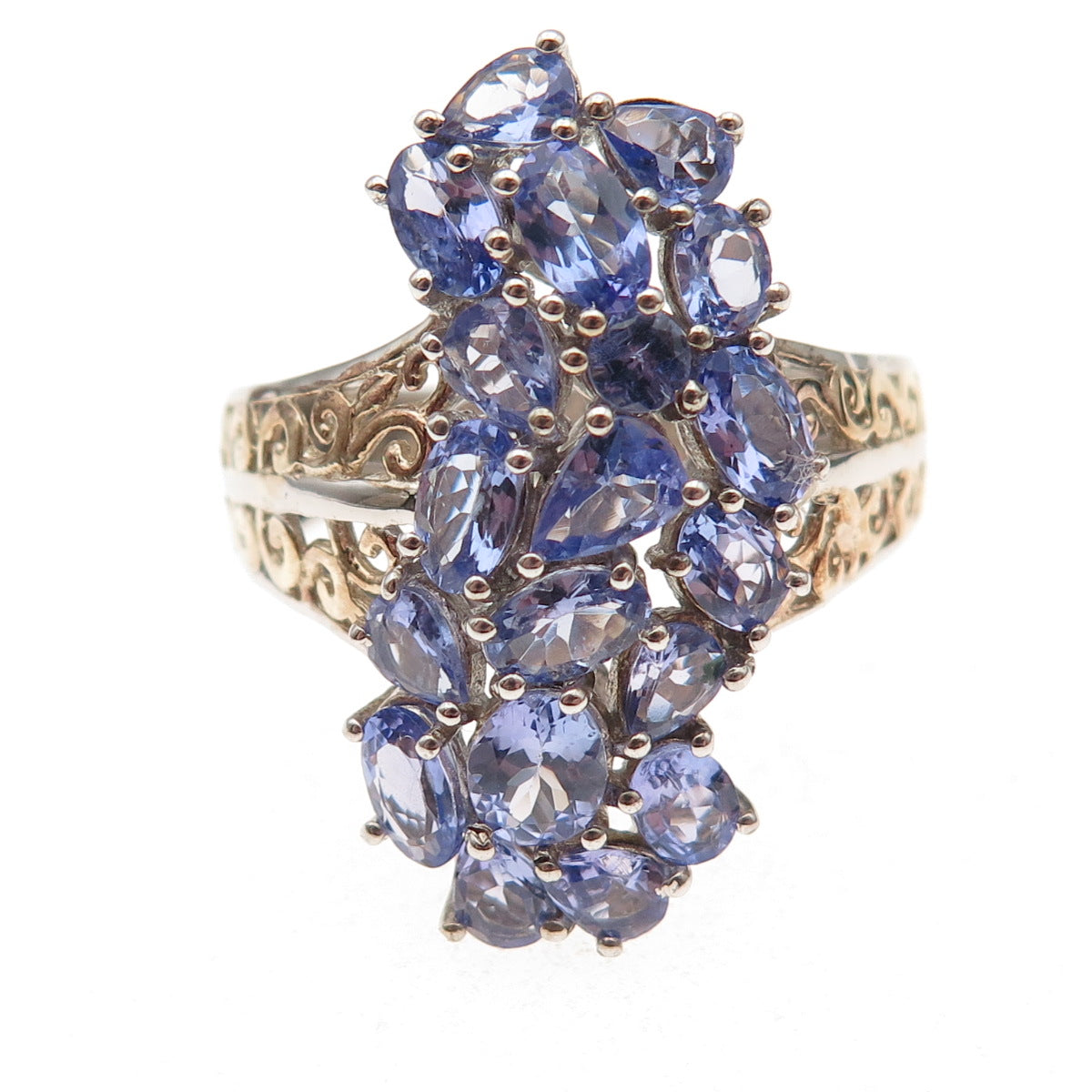 Chuck Clemency 925 Sterling Silver 2-Tone Real Tanzanite Cluster Ring Size 8.25
