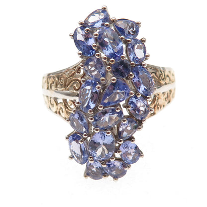 Chuck Clemency 925 Sterling Silver 2-Tone Real Tanzanite Cluster Ring Size 8.25