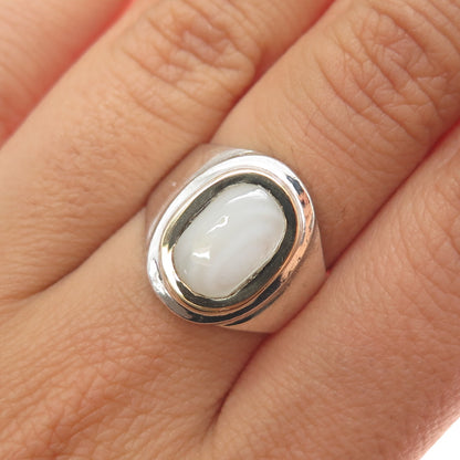 18K Gold & 950 Silver Vintage Real Mother-of-Pearl Modernist Ring Size 7.25