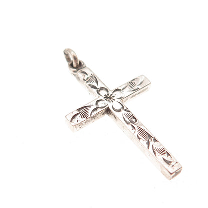Carl Art Sterling Silver Antique Art Deco Engraved Floral Cross Charm Pendant
