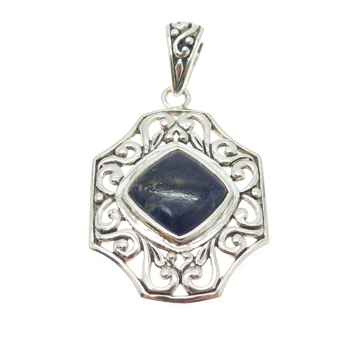 NK SILVER 925 Sterling Silver Vintage Real Sodalite Ornate Pendant
