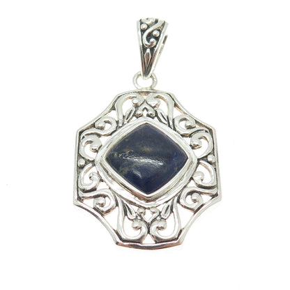NK SILVER 925 Sterling Silver Vintage Real Sodalite Ornate Pendant
