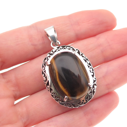 925 Sterling Silver Vintage Real Tiger Eye Floral Scroll Charm Pendant