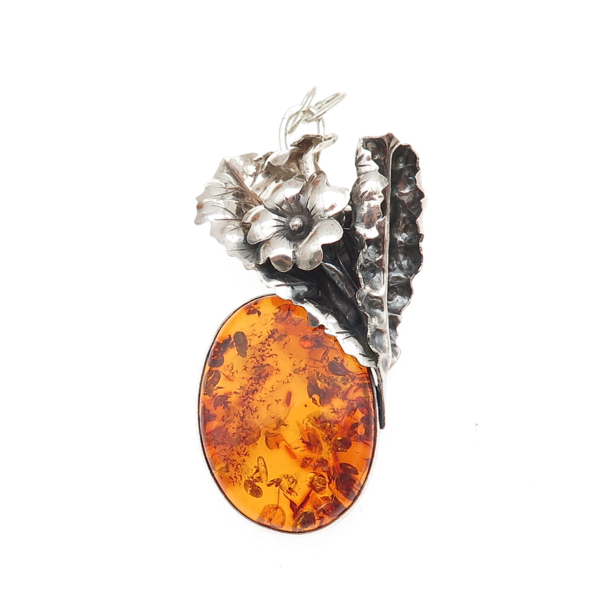 925 Sterling Silver Vintage Real Amber Modernist Floral Oxidized Slide Pendant