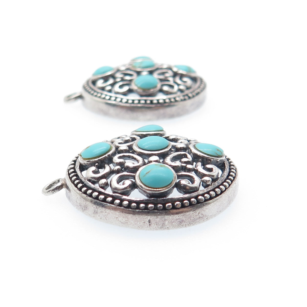 925 Sterling Silver Vintage Real Lone Mountain Turquoise Ornate Jacket Earrings