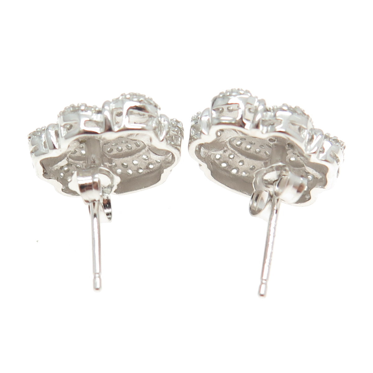 925 Sterling Silver Pave C Z Floral Stud Earrings