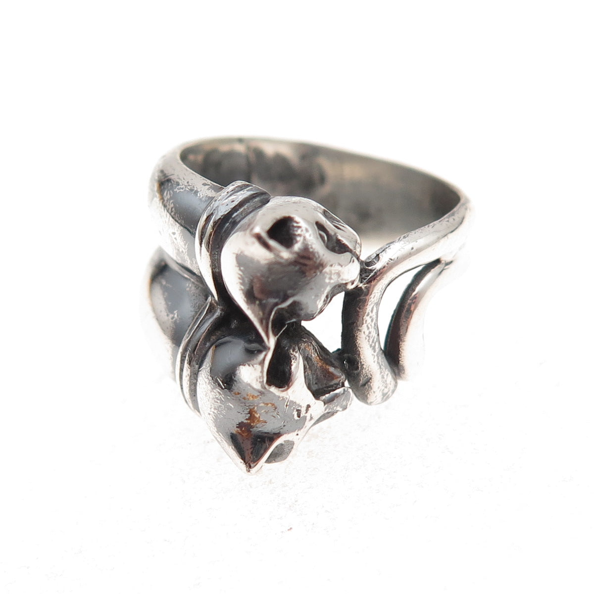 925 Sterling Silver Vintage Modernist Cat Couple Oxidized Ring Size 5