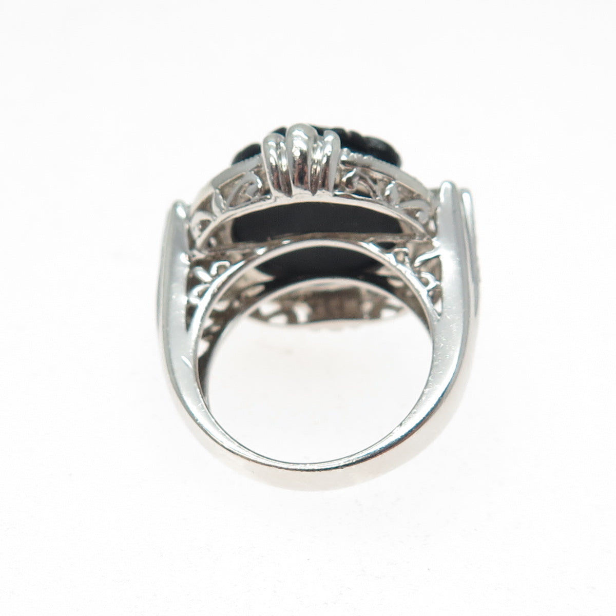 925 Sterling Silver Real Black Onyx & C Z Carved Flower Ring Size 5.25