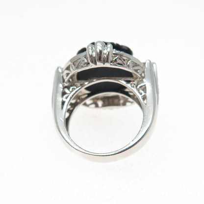 925 Sterling Silver Real Black Onyx & C Z Carved Flower Ring Size 5.25