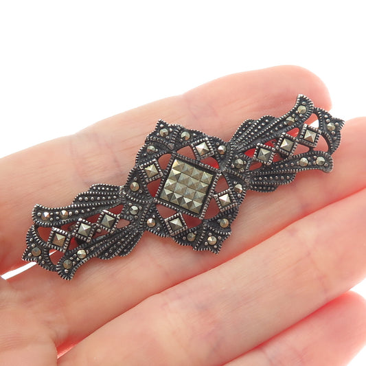 925 Sterling Silver Vintage Real Marcasite Art Deco Style Oxidized Pin Brooch