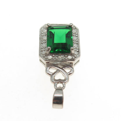 925 Sterling Silver Real White Diamond Accent & Lab-Created Emerald Pendant