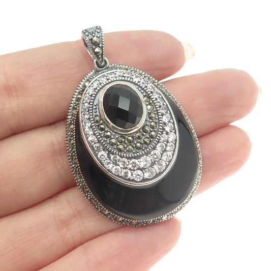 925 Sterling Silver Vintage Enamel Real Black Onyx Marcasite & C Z Pendant