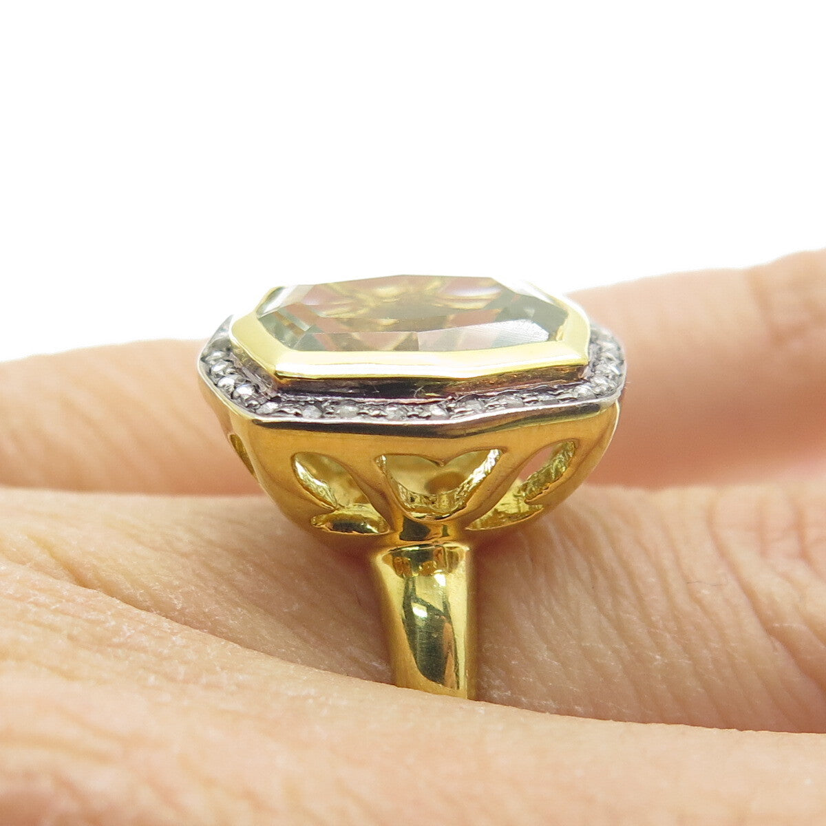 925 Sterling Silver Gold Plated Real Diamond & Blue Topaz Gem Ring Size 4.75