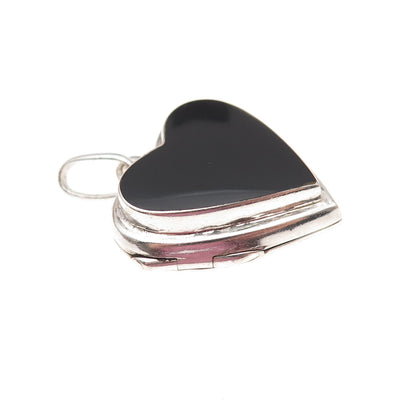 925 Sterling Silver Vintage Real Black Onyx Heart Locket Charm Pendant