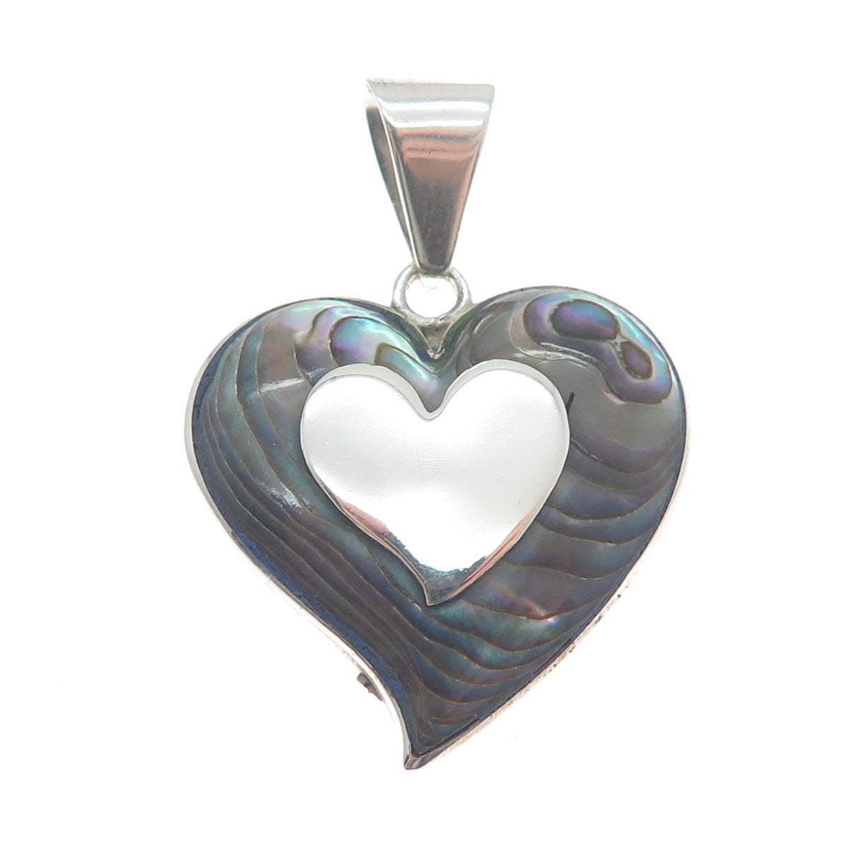 925 Sterling Silver Vintage Mexico Taxco Real Abalone Shell Heart Pendant