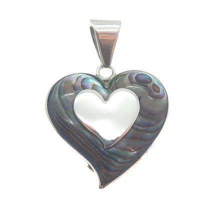 925 Sterling Silver Vintage Mexico Taxco Real Abalone Shell Heart Pendant