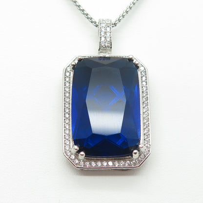 925 Sterling Silver Blue Glass & White C Z Round Box Chain Necklace 16"