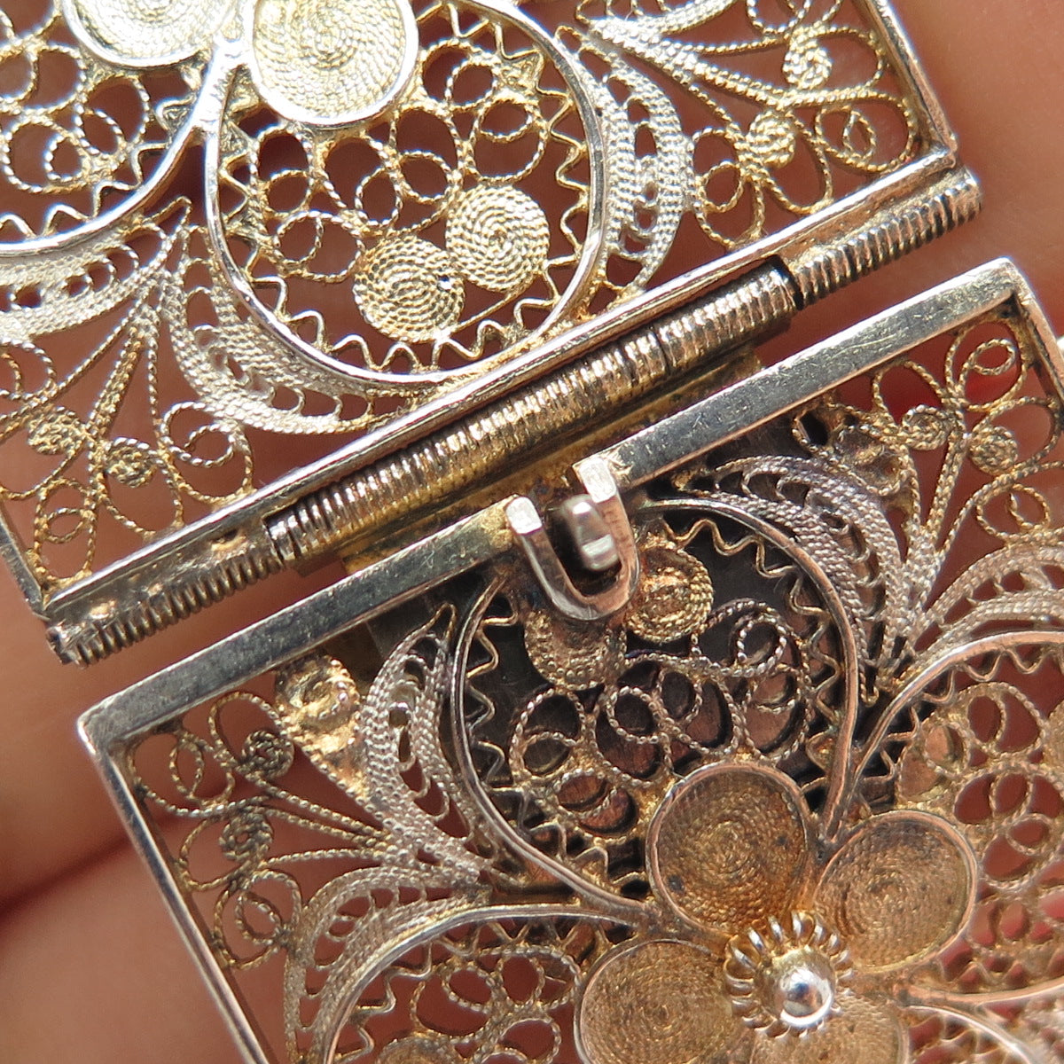 800 Silver Gold Plated Antique Italy Flower Filigree Panel Link Bracelet 7.25"