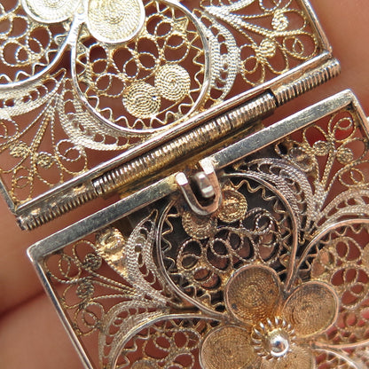 800 Silver Gold Plated Antique Italy Flower Filigree Panel Link Bracelet 7.25"