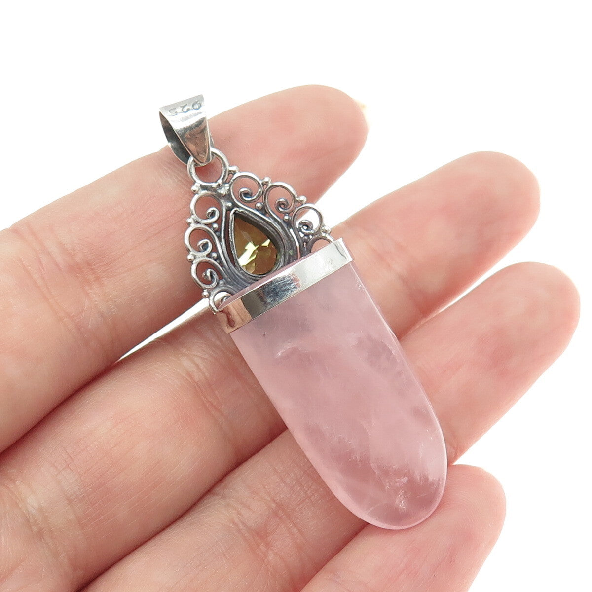 925 Sterling Silver Vintage Real Rose Quartz & Peridot Gemstone Amulet Pendant