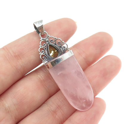 925 Sterling Silver Vintage Real Rose Quartz & Peridot Gemstone Amulet Pendant