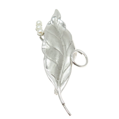 CARL ART 925 Sterling Silver Vintage Real Pearl Laurel Leaf Modernist Pin Brooch
