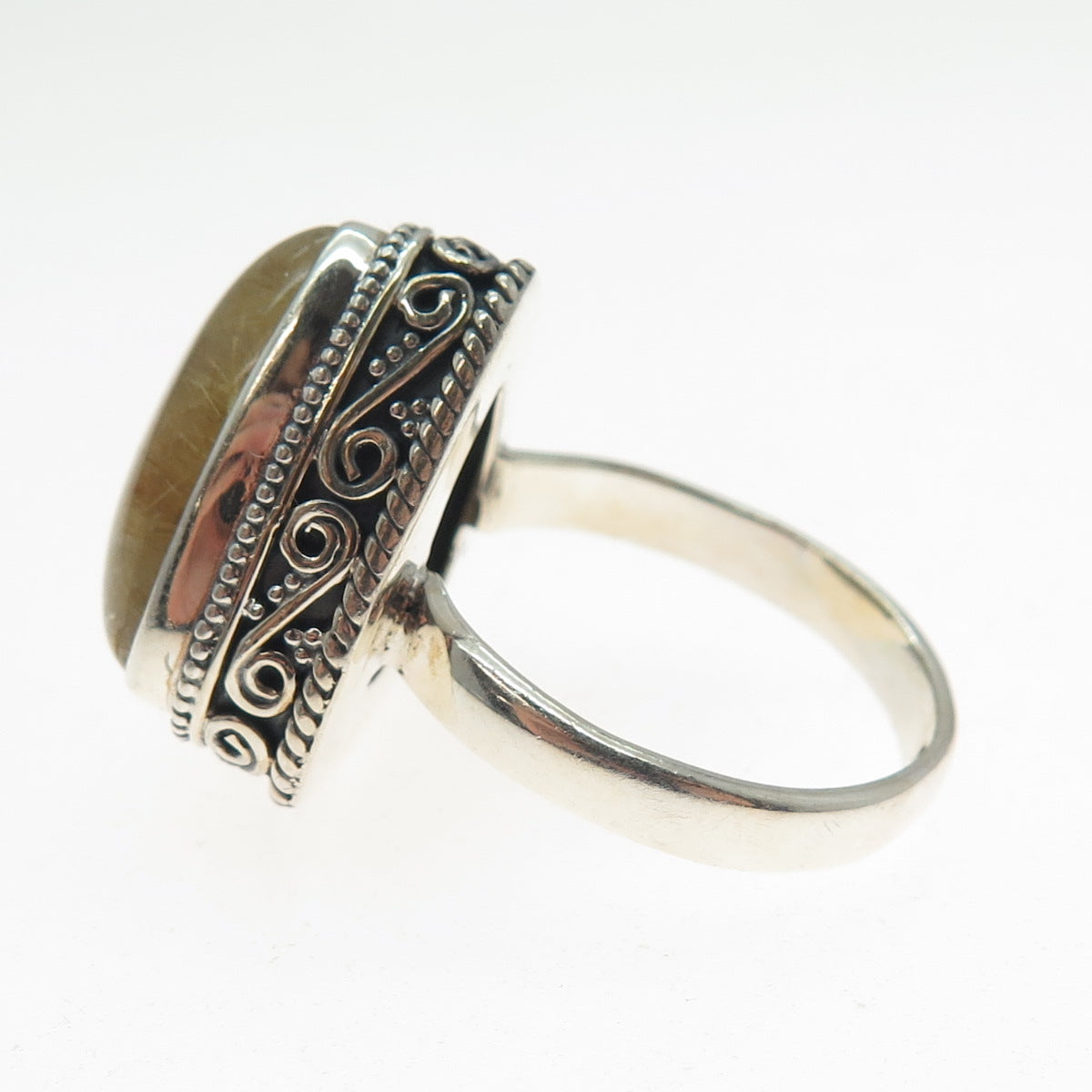 925 Sterling Silver Vintage Real Rutilated Quartz Spiral Oxidized Ring Size 9.75