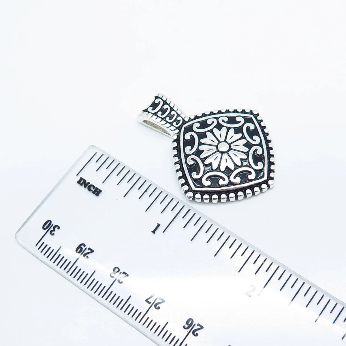 925 Sterling Silver Vintage Enamel Ornate Slide Pendant