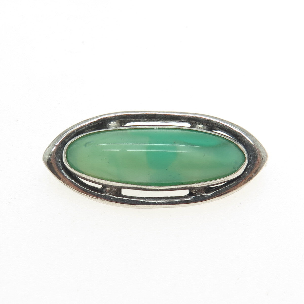 925 Sterling Silver Antique Green Glass Oxidized Pin Brooch