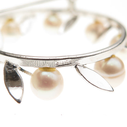 925 Sterling Silver Antique Real Akoya Pearl Floral Circle of Life Pin Brooch