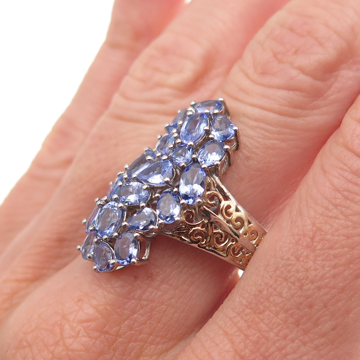 Chuck Clemency 925 Sterling Silver 2-Tone Real Tanzanite Cluster Ring Size 8.25