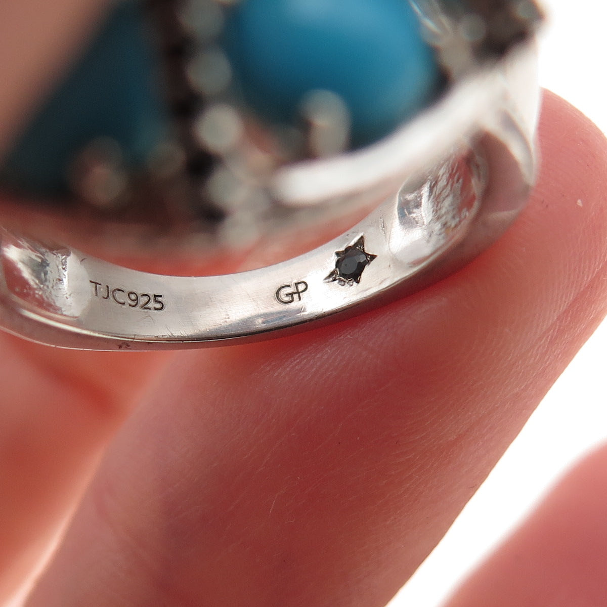 925 Sterling Silver Real Turquoise Black Spinel & Sapphire Ring Size 7