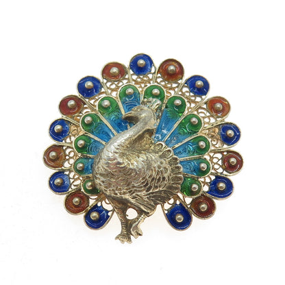 800 Silver Gold Plated Vintage Italy Enamel Peacock Bird Filigree Pin Brooch